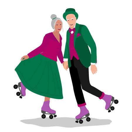 Older people leisure activities vector flat illustration. Happy active senior couple rollerblading. active lifestyleのイラスト素材