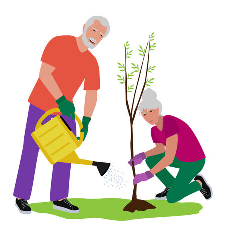 Older man and woman working in the garden. Older people leisure activities vector flat illustration. active lifestyleのイラスト素材