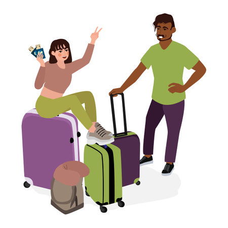 Tourists with luggage at the terminal. Passengers with baggage traveling. Men and women with suitcases waiting for departure. Flat vector illustrations isolated on white backgroundのイラスト素材