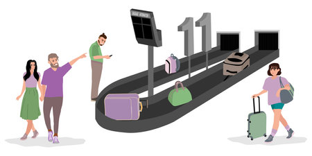 Scene with people at airport baggage claim area. Passengers at conveyor belt with luggage. Carousel with bags and suitcases at international terminal. Colored flat vector illustrationのイラスト素材