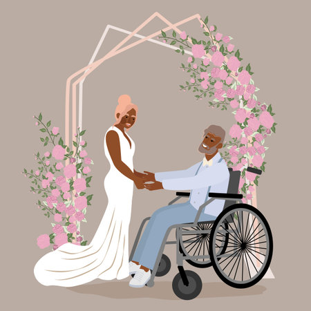 Inclusive wedding couple. Groom in a wheelchair. The bride in a wedding dress and the inclusive groom.のイラスト素材