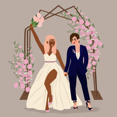 Lesbian newlywed couple vector flat illustration. Cute non-traditional wedding ceremony. Romantic scene with happy spouse celebrating marriageのイラスト素材