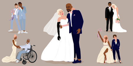 Just married, newlyweds, bride and groom set. Lesbian and gay newlywed couples vector flat illustration. Inclusive wedding couple. happy couple celebrating marriageのイラスト素材