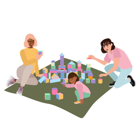 happy family illustration. Two mothers and child spending time together with positive emotions and good mood. Young smiling parents and children playing educational games. vector illustrationのイラスト素材