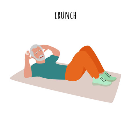 senior man doing crunch exercise. active lifestyle. flat vector illustrationのイラスト素材