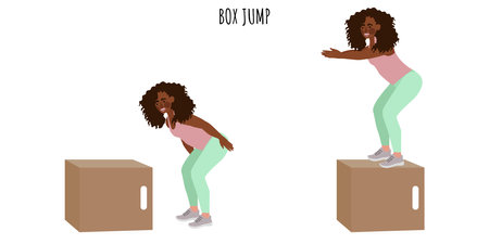 Young woman doing box jump exercise. Feminism, self acceptance and liberty. active lifestyle. Sport, wellness, workout, fitness. flat vector illustrationのイラスト素材