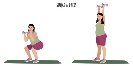 Asian pregnant woman doing squat and pressのイラスト素材