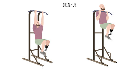 Man with a prosthetic leg doing chin-up exercise. Inclusive workout for people with disabilities. Sport, wellness, workout, fitness. flat vector illustrationのイラスト素材