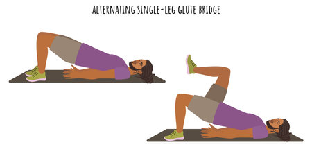 Young man doing alternating single led glute bridge exercise. Sport, wellness, workout, fitness. Flat vector illustrationのイラスト素材