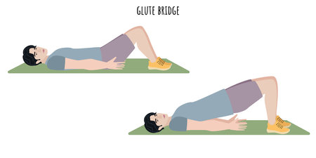 Asian young man doing glute bridge exercise. Sport, wellness, workout, fitness. Flat vector illustrationのイラスト素材