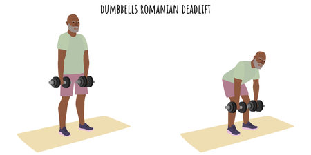Senior man doing dumbbells romanian deadlift exercise. Active lifestyle. Flat vector illustrationのイラスト素材