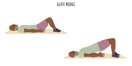 Senior man doing glute bridge exercise. Active lifestyle. Flat vector illustrationのイラスト素材