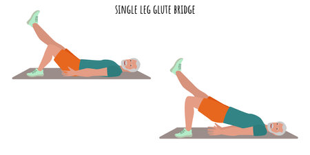 Senior man doing single led glute bridge exercise. Active lifestyle. Flat vector illustrationのイラスト素材