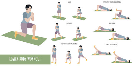 Healthy man doing lower body workout. Workout Set. Self acceptance and liberty. Man active lifestyle. Sport, wellness. Men workout, fitness. Flat vector illustrationのイラスト素材