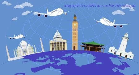Travel around the world. The famous architecture of which is shown on the globe.のイラスト素材