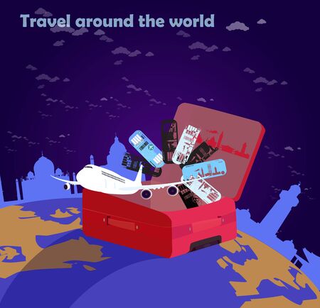 Traveling by plane around the world. Famous architectural buildingsのイラスト素材