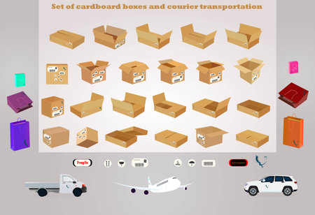 Set of cardboard boxes and courier transportationのイラスト素材