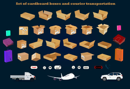 Set of cardboard boxes and courier transportation in black background.のイラスト素材