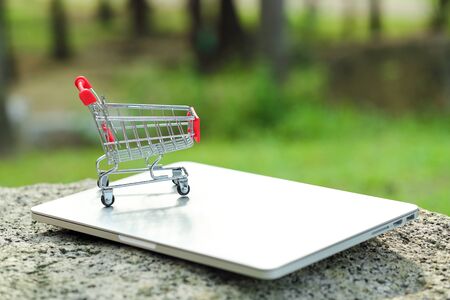 trolley with computer, idea for shopping and online payment using as business backgroundの写真素材
