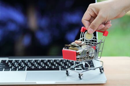 trolley and coins with human hand on computer, idea for shopping and online payment using as business backgroundの写真素材