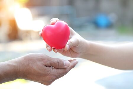 woman hand giving red heart symbol to her boyfriend, meaning of loveの写真素材