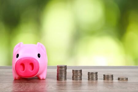 piggy with stack coins on wooden table with nature backgroundの写真素材