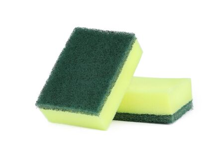 green and yellow dishwashing sponge isolated on white background with clipping pathの写真素材