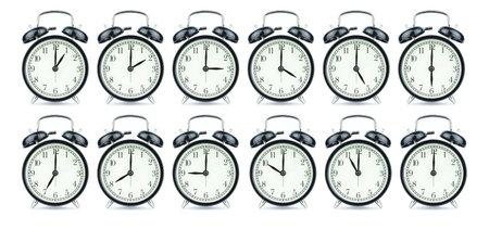Black retro alarm clock set from 1-12 oâ€™clock  isolated and white background