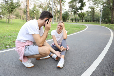 young girl fall down because of the dizziness from too much exercise and young man is helping by...
