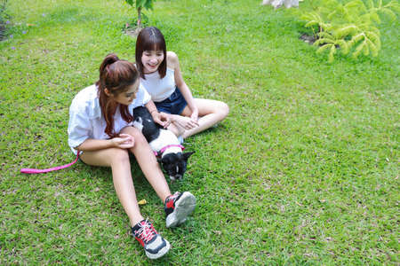 beautiful two young asian woman wearing white shirt who sitting on grass and playing with her cute dog with happy and smiling face in garden with green trees. (friendship concept)の写真素材