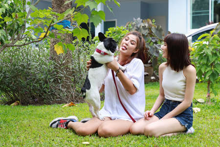 beautiful two young asian woman wearing white shirt who sitting on grass in backyard and playing with her cute dog with happy and smiling face in garden with green trees. (friendship concept)の写真素材