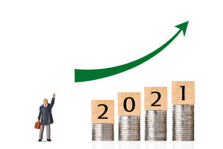 Business investment and growth year 2021 for advertising concept. Stacking coin growing with...
