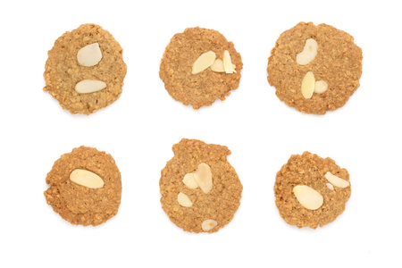 Close up and top view almond cookies isolated and white backgroundの写真素材