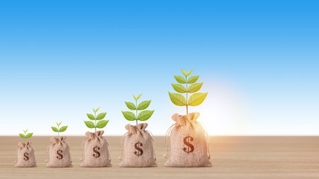 Business property investment concept, money bag with plant growing and stacking coins saving growth...