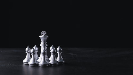 Business chess board game of business strategy and tactic on retro wooden table, idea for management competition, success and leadership concept with copy space for your advertising content.の写真素材