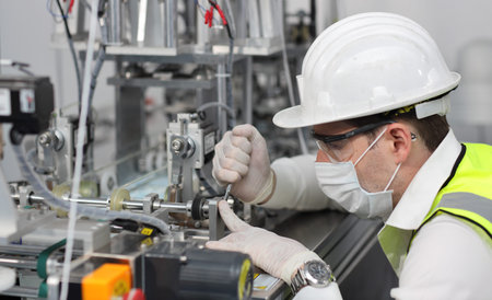 Caucasian mechanic technician maintenance, repairing industrial machinery equipment in factory....