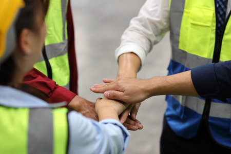 Group of technician engineer or worker in protective uniform with hardhat standing and stacking hands celebrate successful together or completed deal commitment at heavy industry manufacturing factoryの写真素材