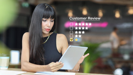 Unhappy caucasian woman with coffee and rating sadness emotion face icon with one star bad rating for service evaluation on tablet virtual touch screen. Customer dissatisfied survey experience conceptの写真素材
