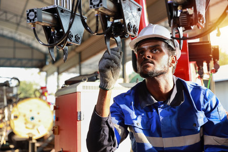 Professional heavy industry technician engineer in safety workwear maintenance and check part of...