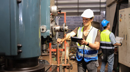 Technician engineer or worker in protective uniform standing and using tablet while controlling...