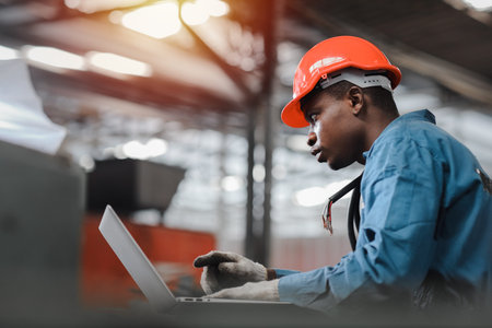 Side view engineer or worker man in protective uniform sitting and using computer while controlling...