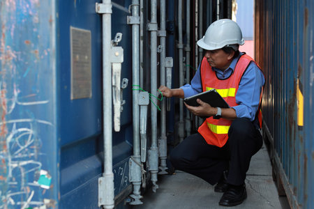 Foreman using tablet and walkie talkie radio control loading containers box. Engineer or worker with...