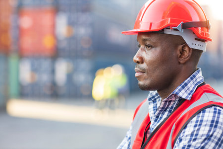 Close up foreman engineer crossed arms and standing control loading containers box. Confident...