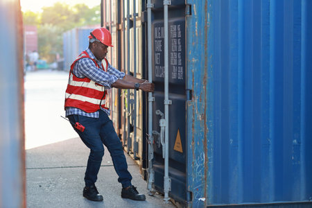 Foreman opens container door to view goods inside and control loading containers box. Engineer or...