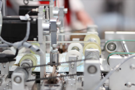 Industry and factory concept, medical face mask production line.