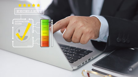 Smart customer man hands pressing on online application screen with excellent 5.0 rating for service evaluation on smartphone virtual touch screen. Customer satisfaction survey experience concept.の写真素材