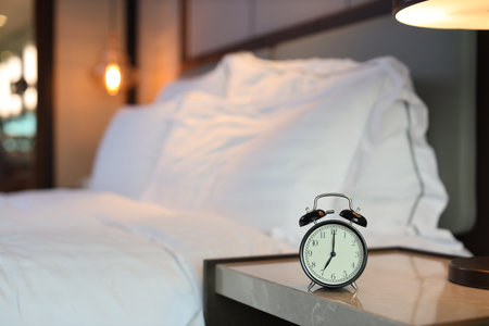 7 Oâclock alarm clock picture in bedroom with bed blurred image backgroundの写真素材