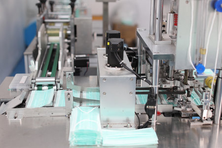 Industry and factory concept, medical face mask production line.の写真素材