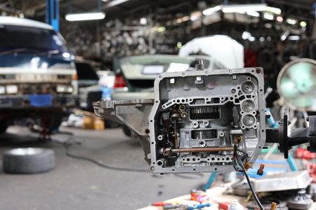 Breakdown vehicle part at repair garage station. Concept of car center repair service.の写真素材