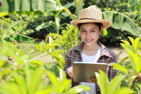 Asian agronomist or woman farmer reading report and inspecting growing crops data from tablet for increasing productivity in agriculture field, modern smart farming with technology conceptの写真素材